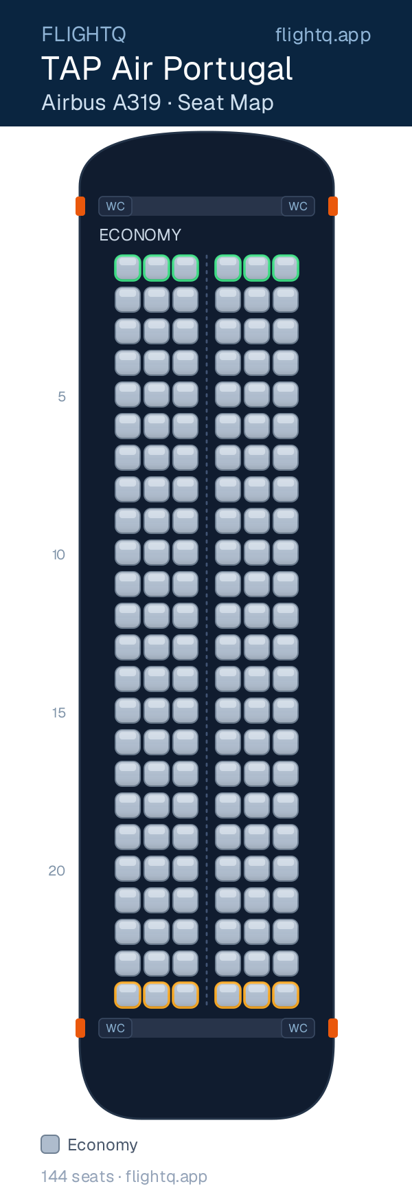 TAP Air Portugal Airbus A319 seat map with 144 seats — best seats and rows to avoid