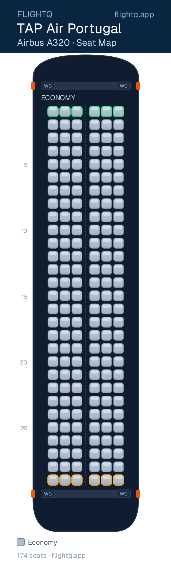 TAP Air Portugal Airbus A320 seat map with 174 seats — best seats and rows to avoid