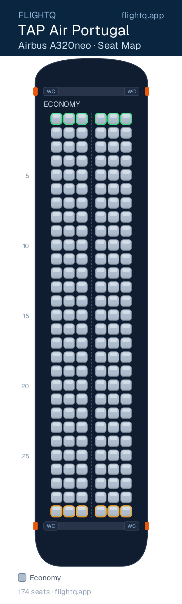 TAP Air Portugal Airbus A320neo seat map with 174 seats — best seats and rows to avoid