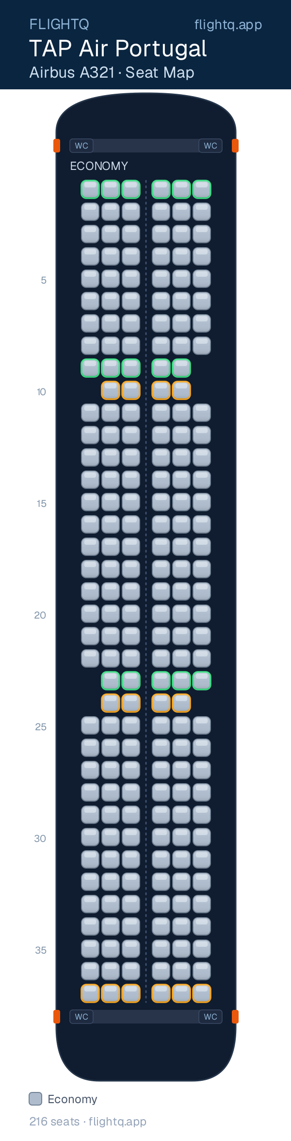 TAP Air Portugal Airbus A321 seat map with 216 seats — best seats and rows to avoid