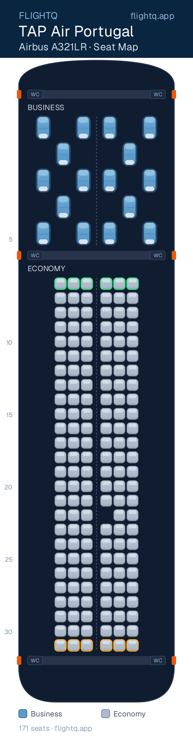 TAP Air Portugal Airbus A321LR seat map with 171 seats across 2 cabins — best seats and rows to avoid