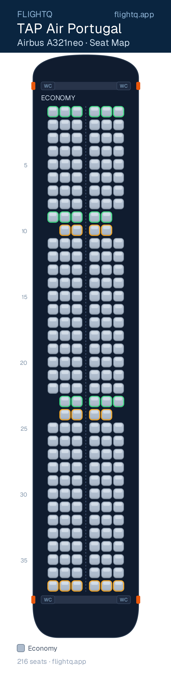 TAP Air Portugal Airbus A321neo seat map with 216 seats — best seats and rows to avoid