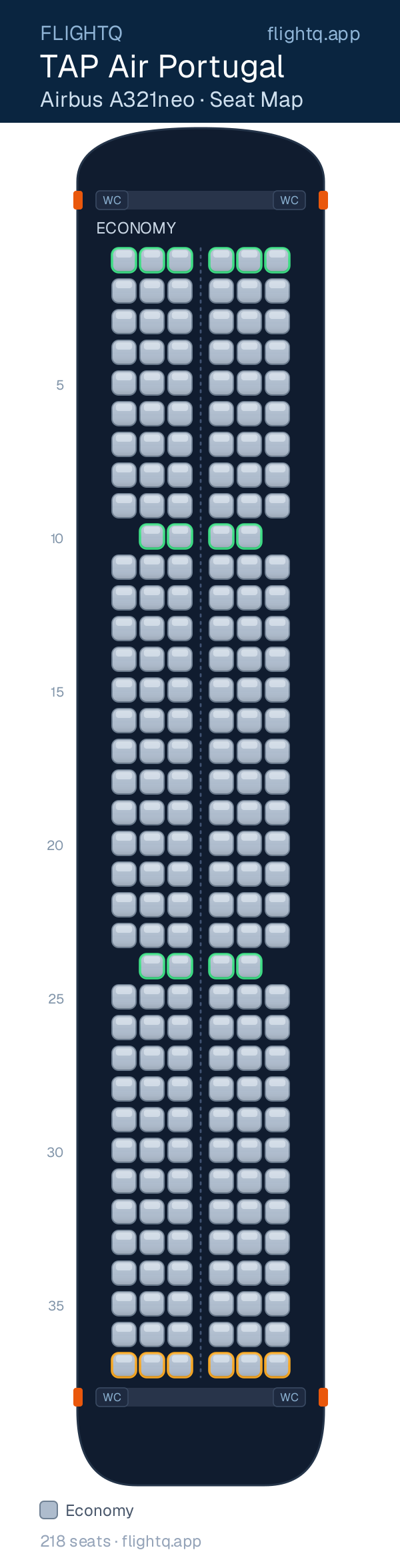 TAP Air Portugal Airbus A321neo seat map with 218 seats — best seats and rows to avoid