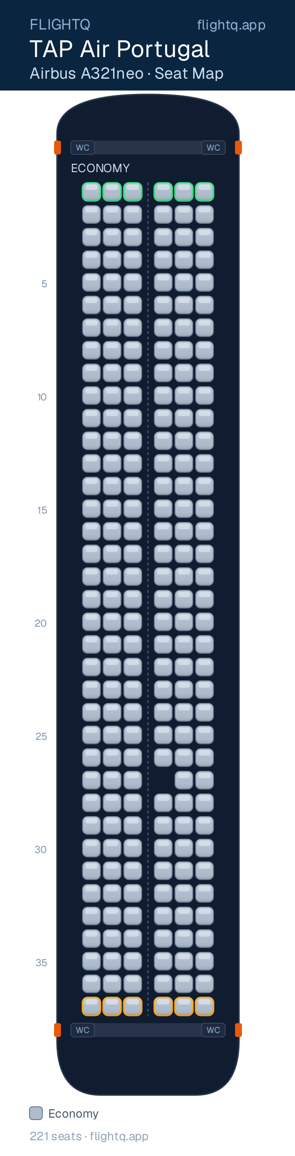 TAP Air Portugal Airbus A321neo seat map with 221 seats — best seats and rows to avoid