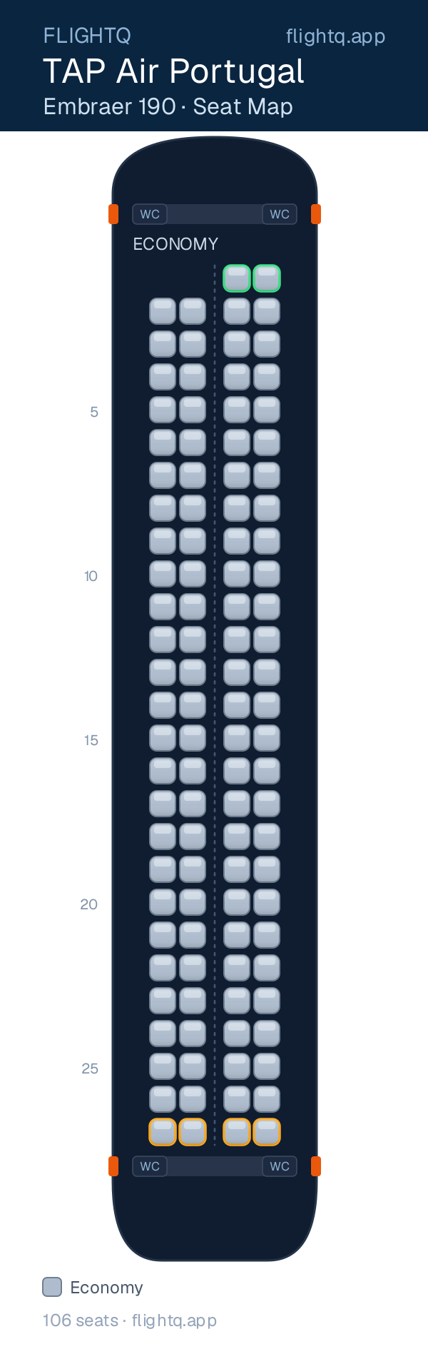 TAP Air Portugal Embraer E190 seat map with 106 seats — best seats and rows to avoid