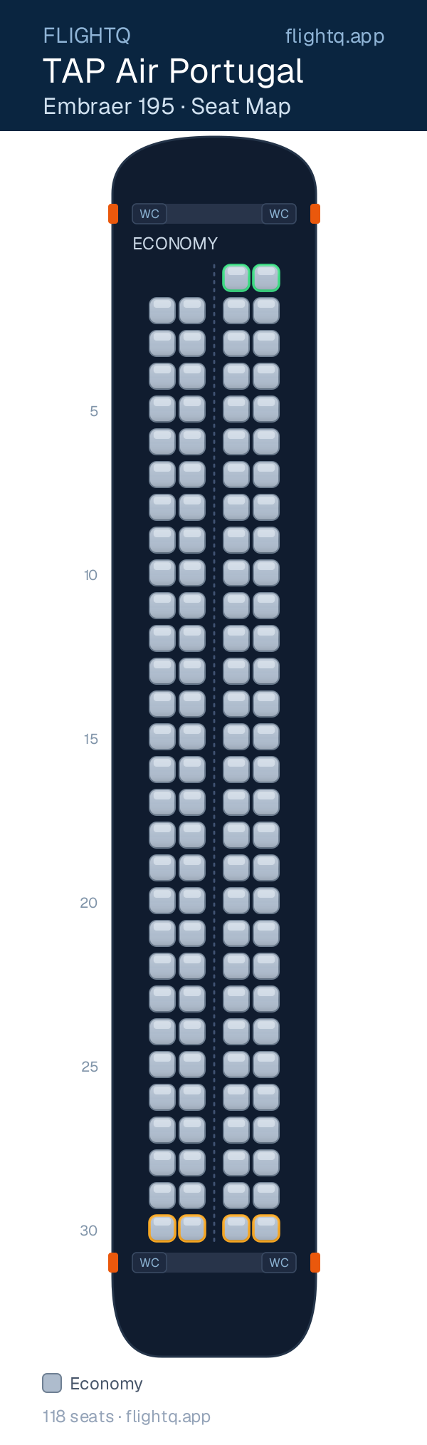 TAP Air Portugal Embraer E195 seat map with 118 seats — best seats and rows to avoid