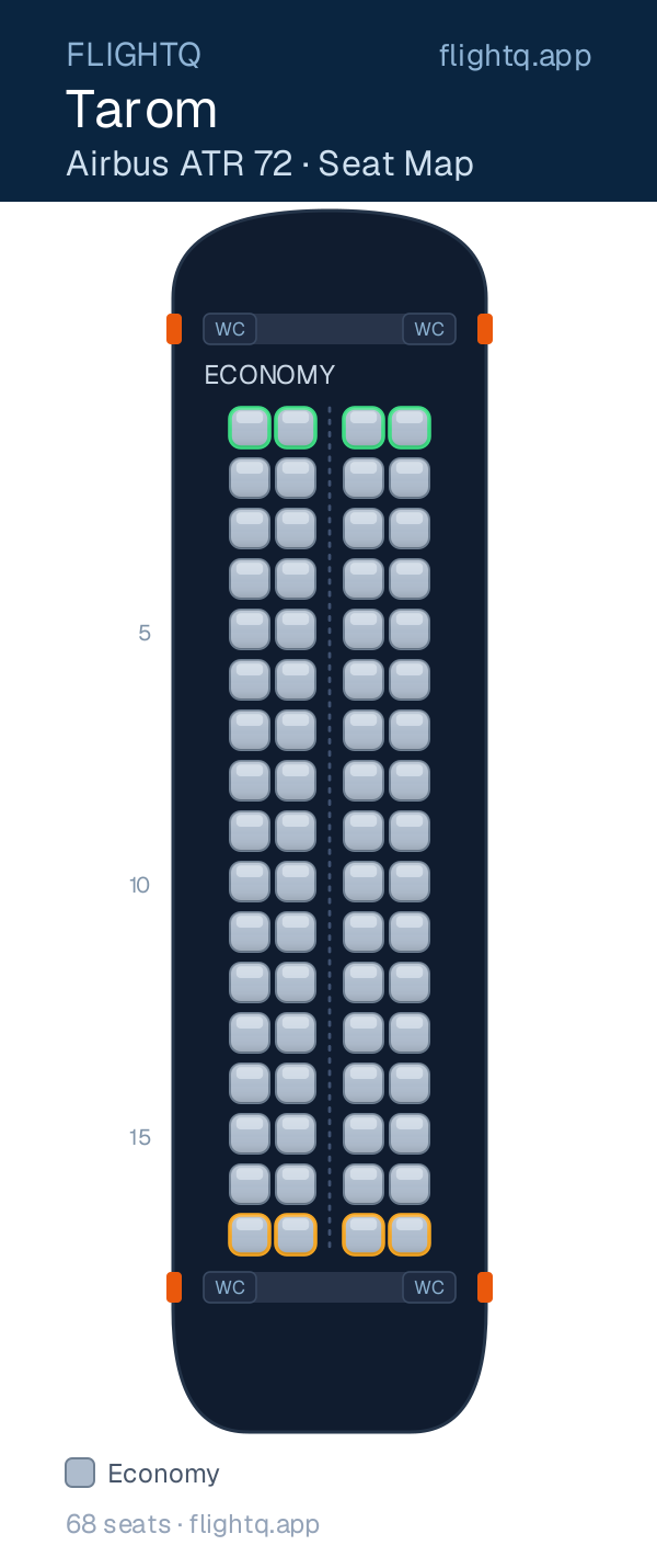 Tarom ATR 72 seat map with 68 seats — best seats and rows to avoid