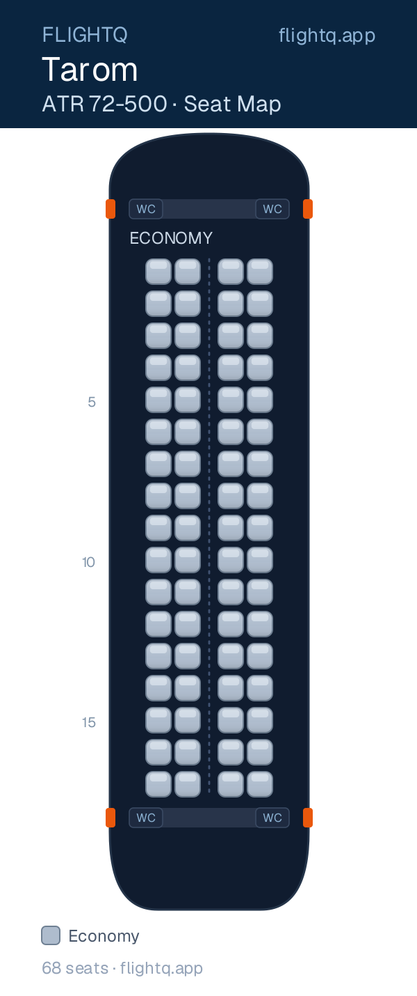 Tarom ATR 72-500 seat map with 68 seats — best seats and rows to avoid