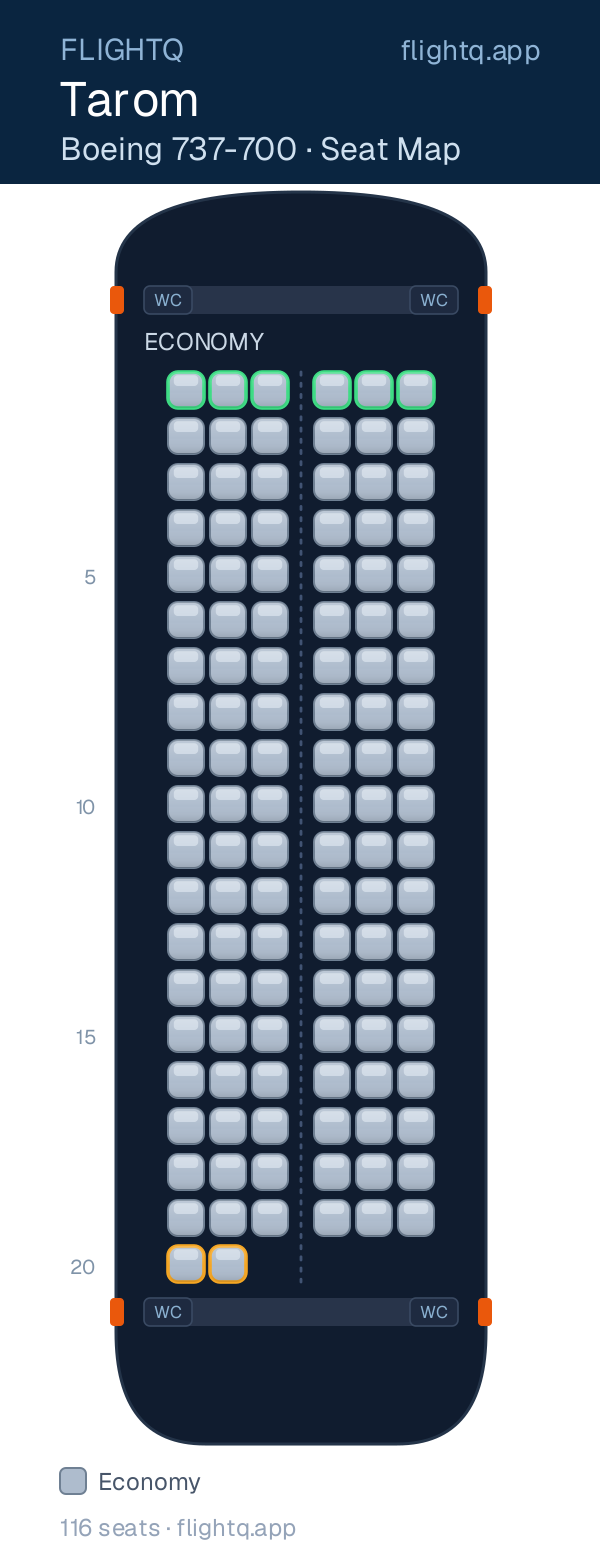 Tarom Boeing 737-700 seat map with 116 seats — best seats and rows to avoid