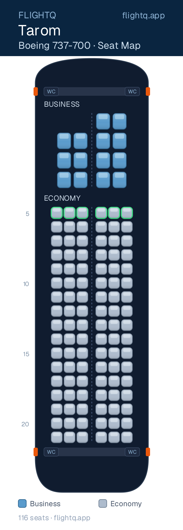 Tarom Boeing 737-700 seat map with 116 seats across 2 cabins — best seats and rows to avoid