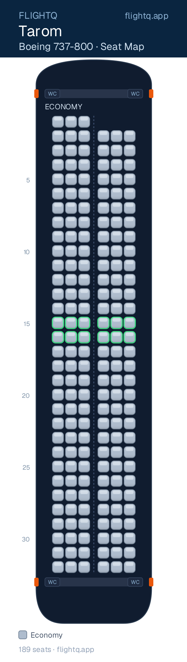 Tarom Boeing 737-800 seat map with 189 seats — best seats and rows to avoid