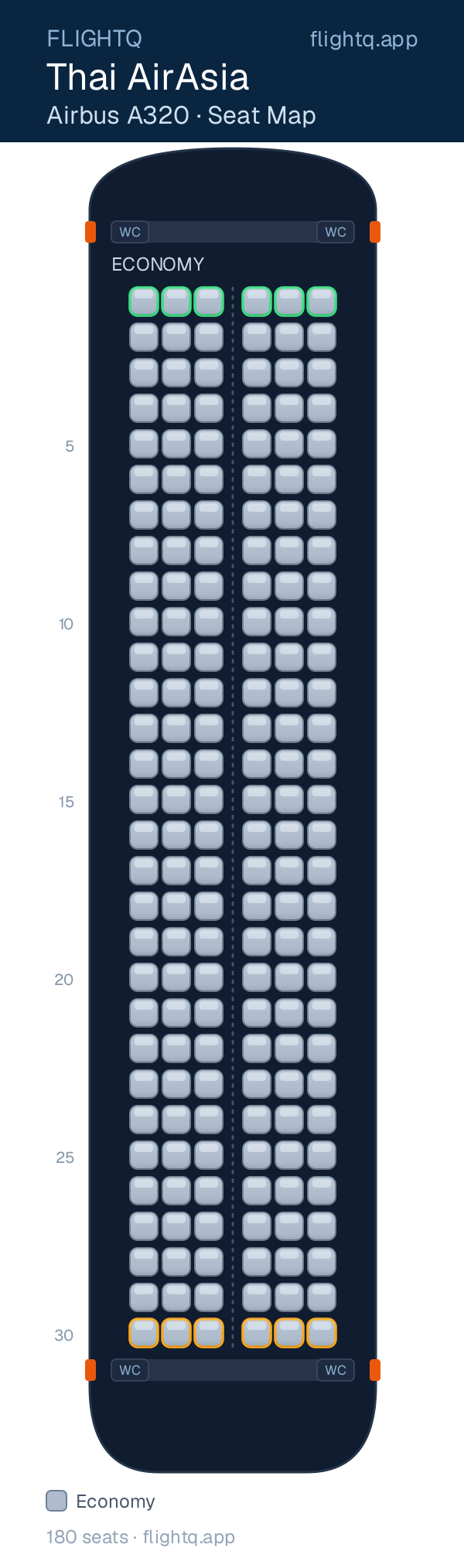 Thai AirAsia Airbus A320 seat map with 180 seats — best seats and rows to avoid