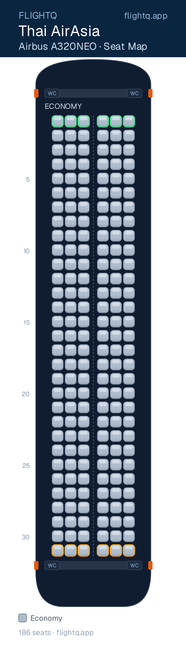 Thai AirAsia Airbus A320NEO seat map with 186 seats — best seats and rows to avoid