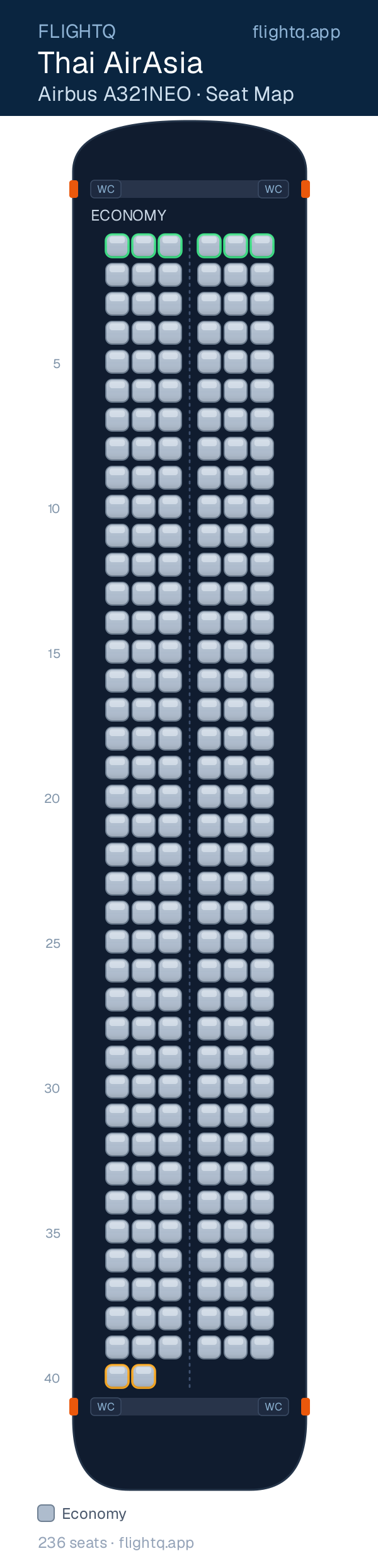 Thai AirAsia Airbus A321NEO seat map with 236 seats — best seats and rows to avoid