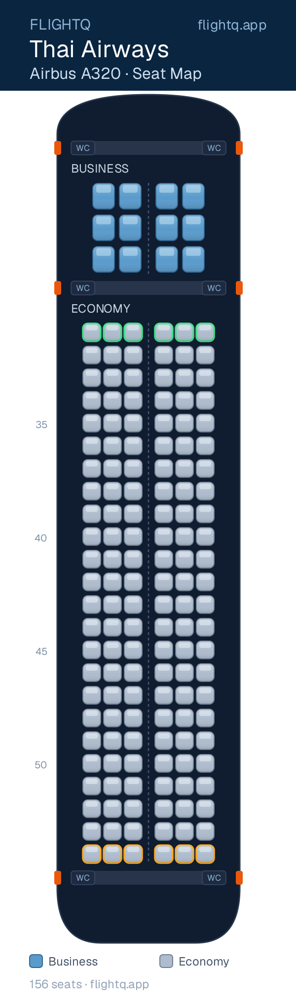 Thai Airways Airbus A320 seat map with 156 seats across 2 cabins — best seats and rows to avoid