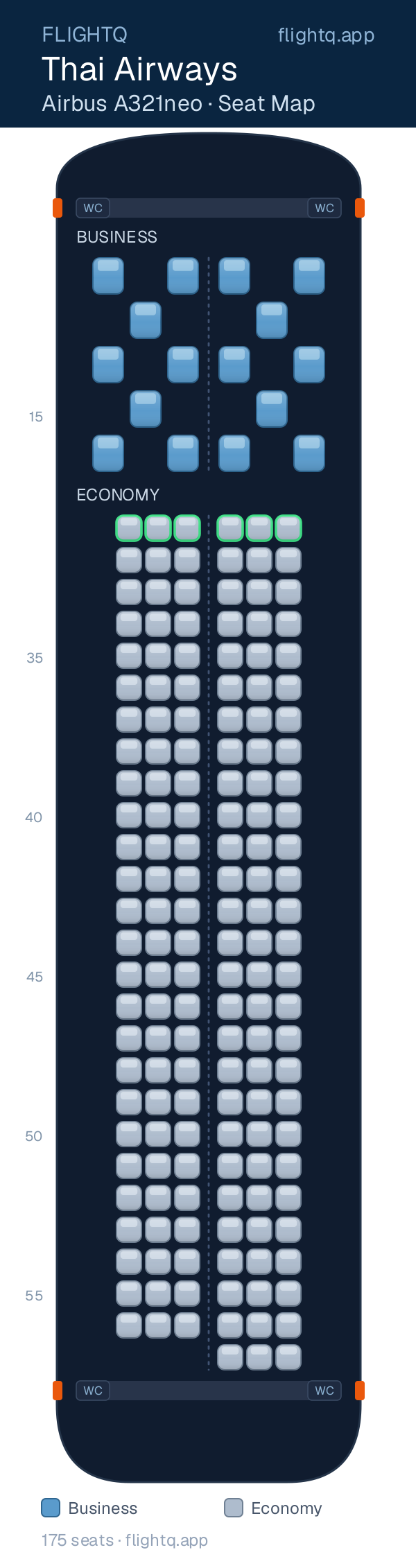 Thai Airways Airbus A321neo seat map with 175 seats across 2 cabins — best seats and rows to avoid
