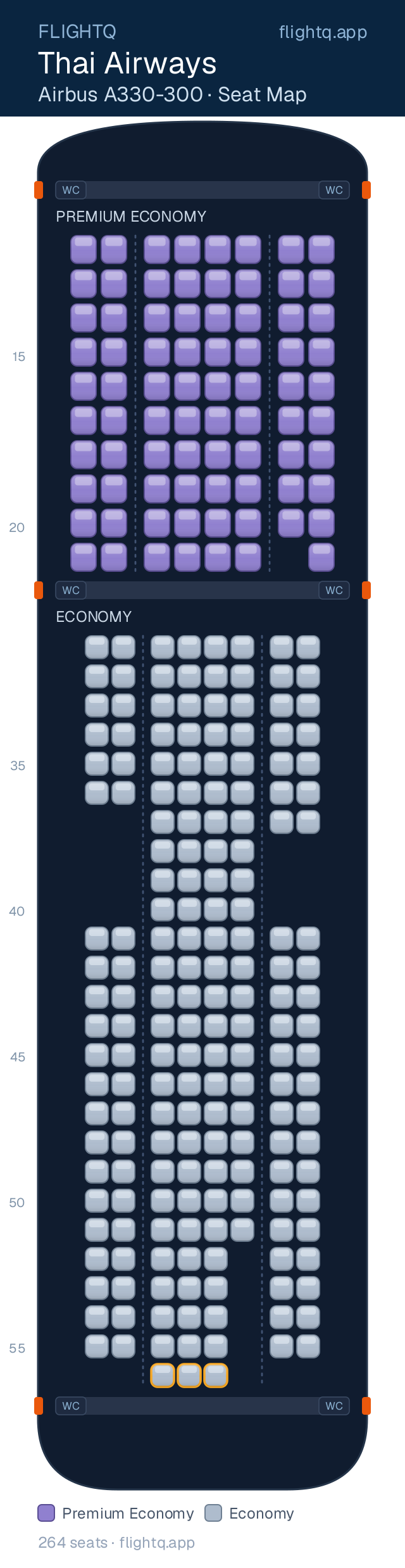 Thai Airways Airbus A330-300 seat map with 264 seats across 2 cabins — best seats and rows to avoid