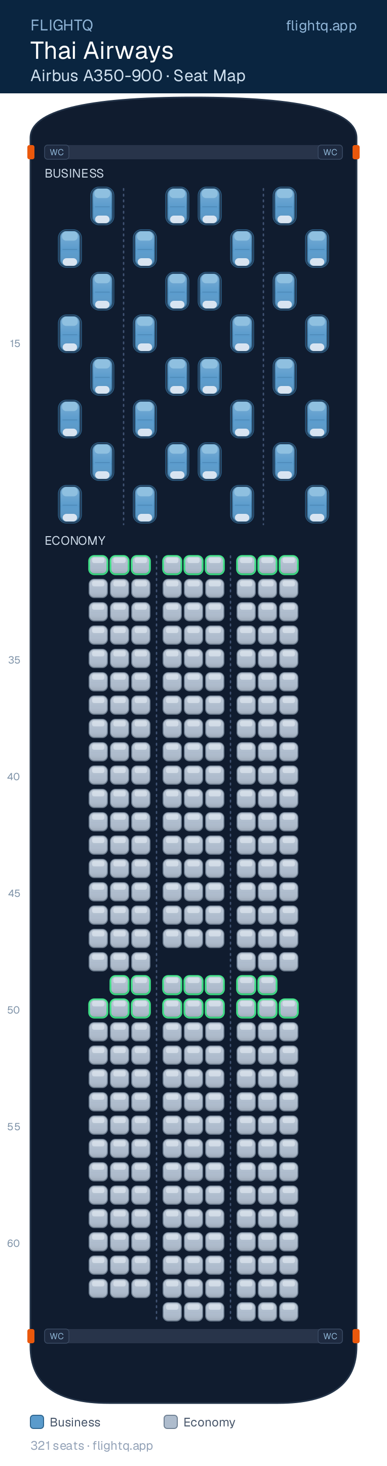 Thai Airways Airbus A350-900 seat map with 321 seats across 2 cabins — best seats and rows to avoid