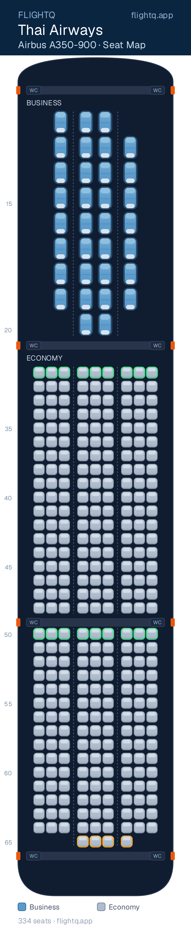 Thai Airways Airbus A350-900 seat map with 334 seats across 2 cabins — best seats and rows to avoid