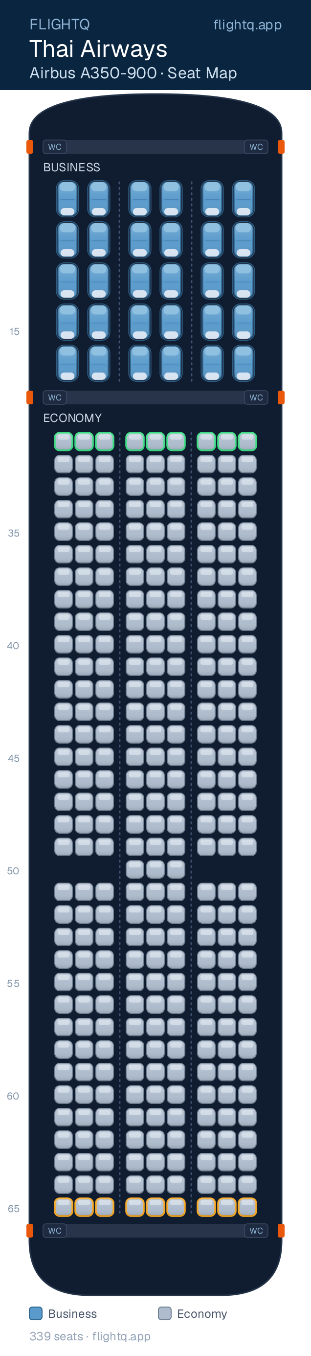 Thai Airways Airbus A350-900 seat map with 339 seats across 2 cabins — best seats and rows to avoid
