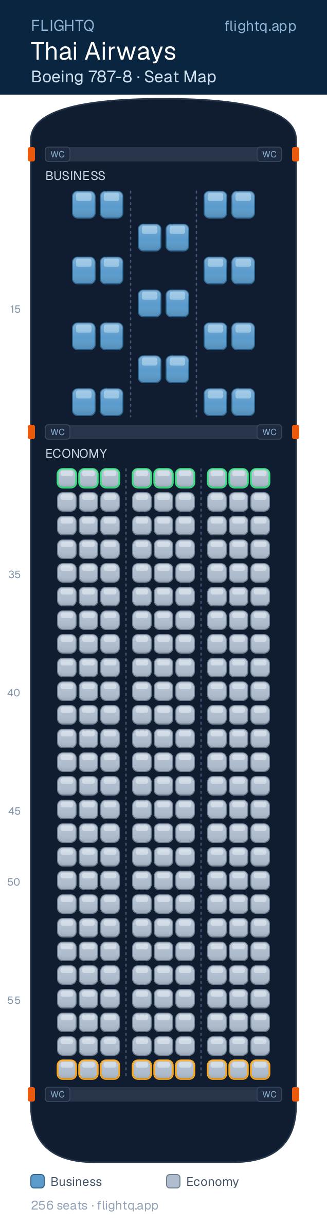 Thai Airways Boeing 787-8 Dreamliner seat map with 256 seats across 2 cabins — best seats and rows to avoid