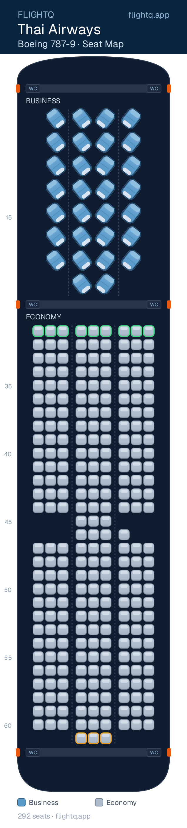 Thai Airways Boeing 787-9 Dreamliner seat map with 292 seats across 2 cabins — best seats and rows to avoid