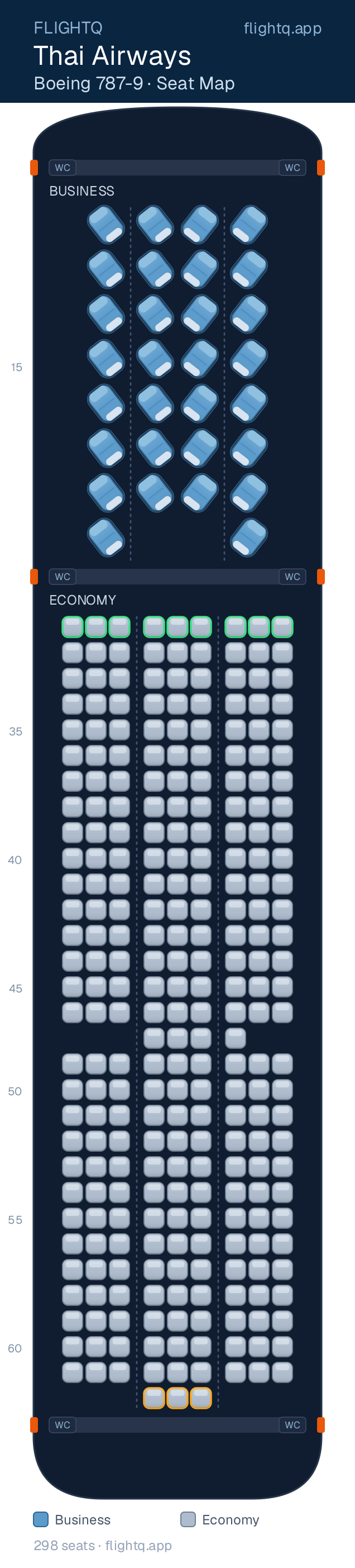 Thai Airways Boeing 787-9 Dreamliner seat map with 298 seats across 2 cabins — best seats and rows to avoid