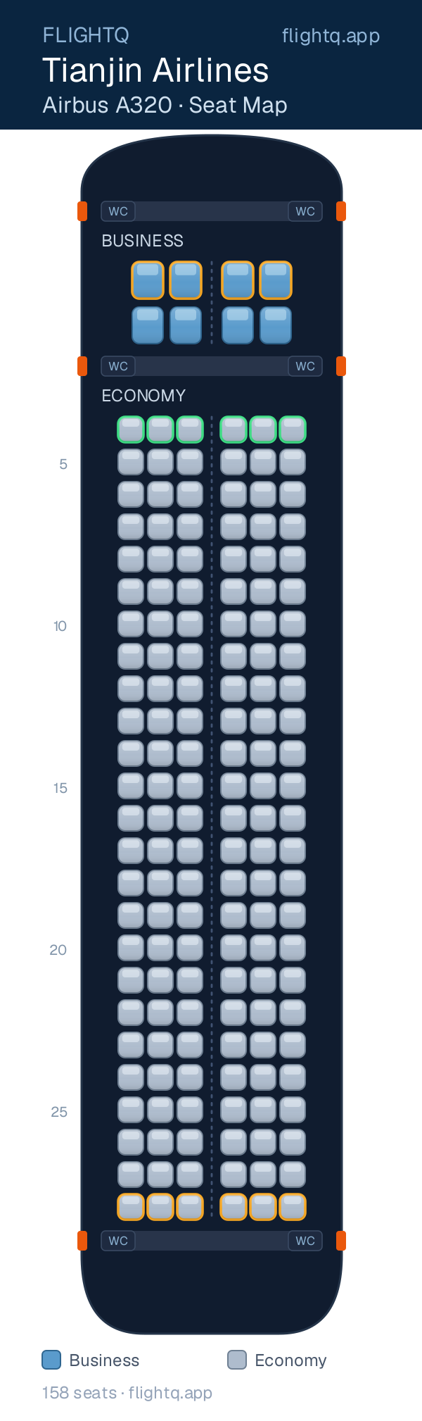 Tianjin Airlines Airbus A320 seat map with 158 seats across 2 cabins — best seats and rows to avoid