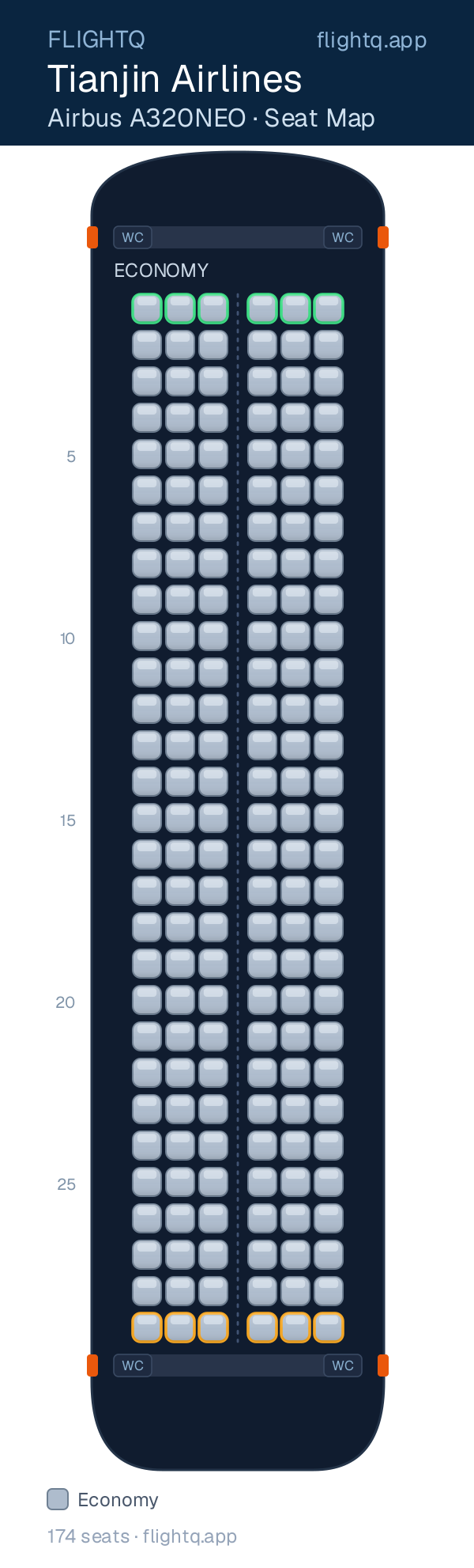 Tianjin Airlines Airbus A320NEO seat map with 174 seats — best seats and rows to avoid