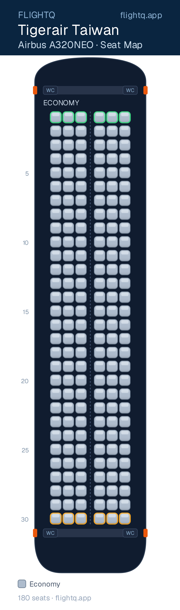 Tigerair Taiwan Airbus A320NEO seat map with 180 seats — best seats and rows to avoid