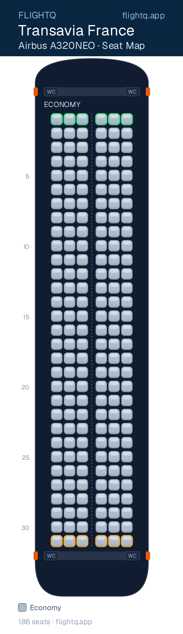 Transavia France Airbus A320NEO seat map with 186 seats — best seats and rows to avoid