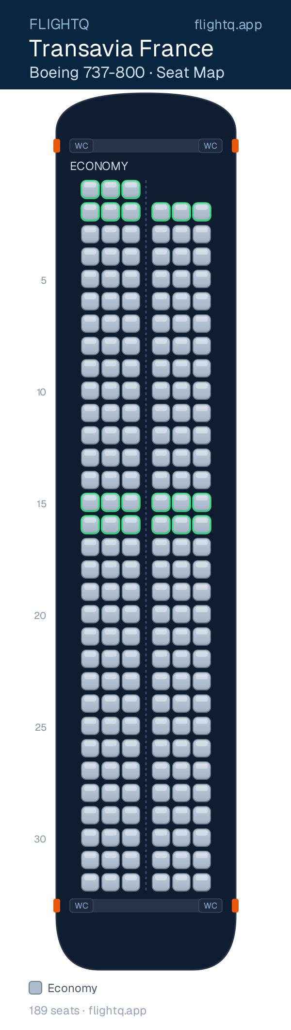 Transavia France Boeing 737-800 seat map with 189 seats — best seats and rows to avoid