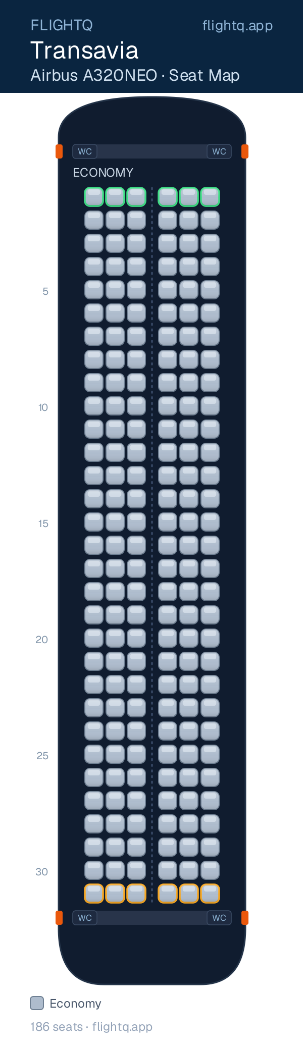Transavia Airbus A320NEO seat map with 186 seats — rows to avoid