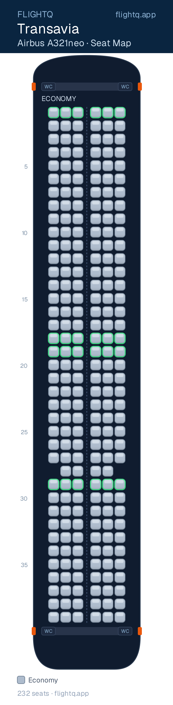 Transavia Airbus A321neo seat map with 232 seats — best-seat rows
