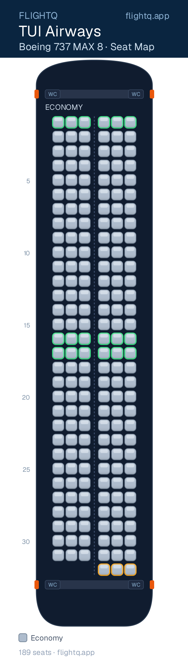 TUI Airways Boeing 737 MAX 8 seat map with 189 seats — best seats and rows to avoid