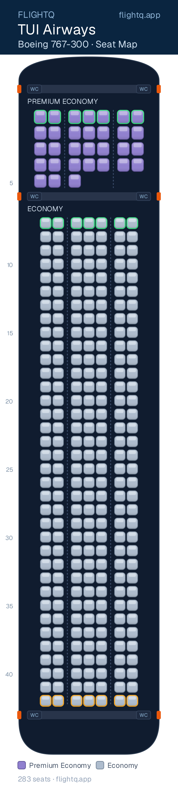 TUI Airways Boeing 767-300ER seat map with 283 seats across 2 cabins — best seats and rows to avoid