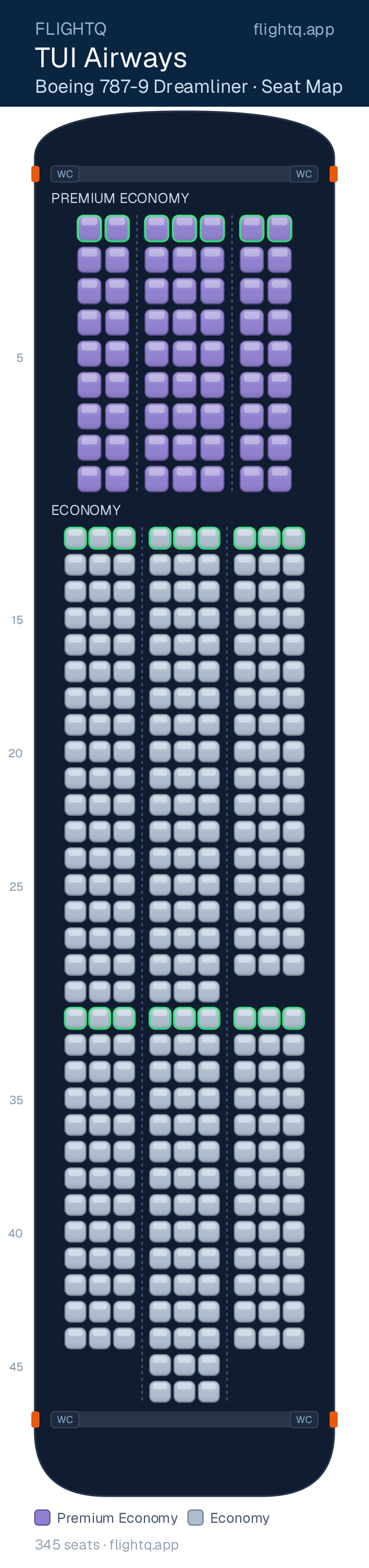 TUI Airways Boeing 787-9 Dreamliner seat map with 345 seats across 2 cabins — best seats and rows to avoid
