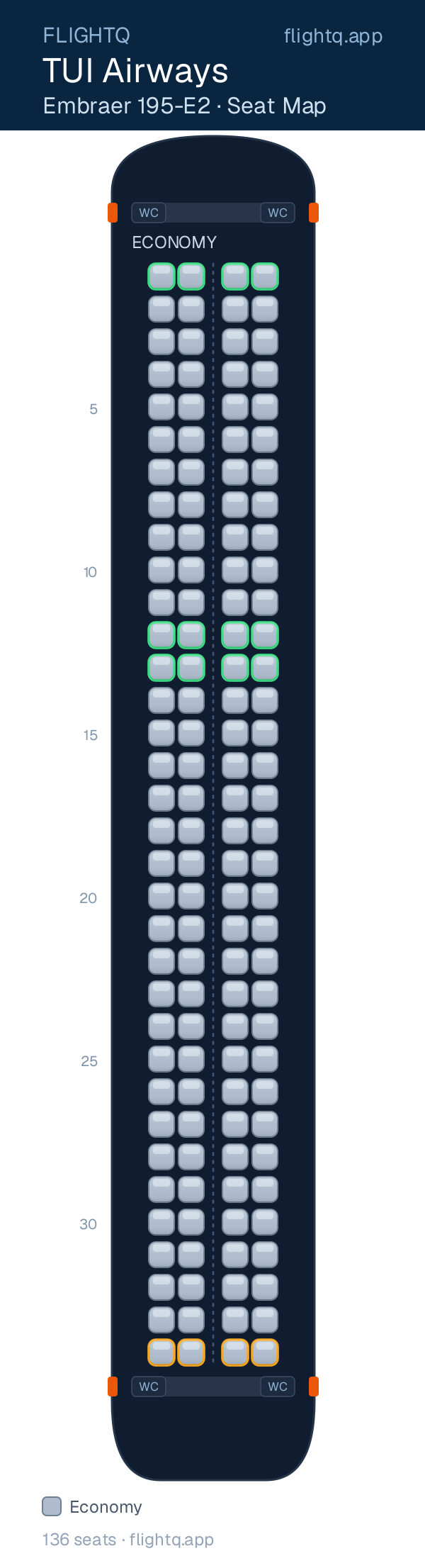 TUI Airways Embraer E195-E2 seat map with 136 seats — best seats and rows to avoid