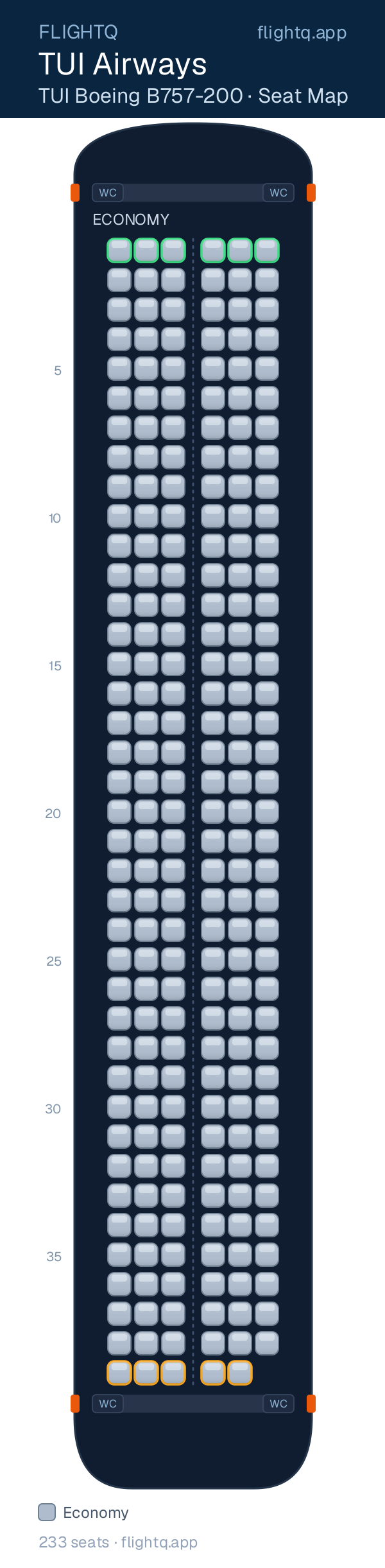 TUI Airways Boeing 757-200 seat map with 233 seats — best seats and rows to avoid