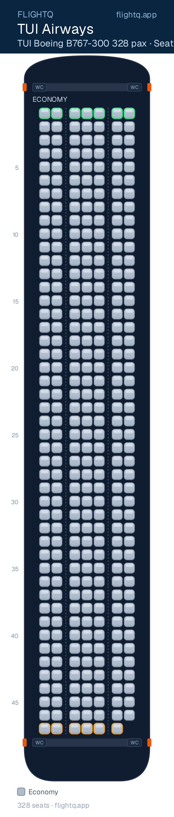 TUI Airways TUI Boeing B767-300 328 pax seat map with 328 seats — rows to avoid