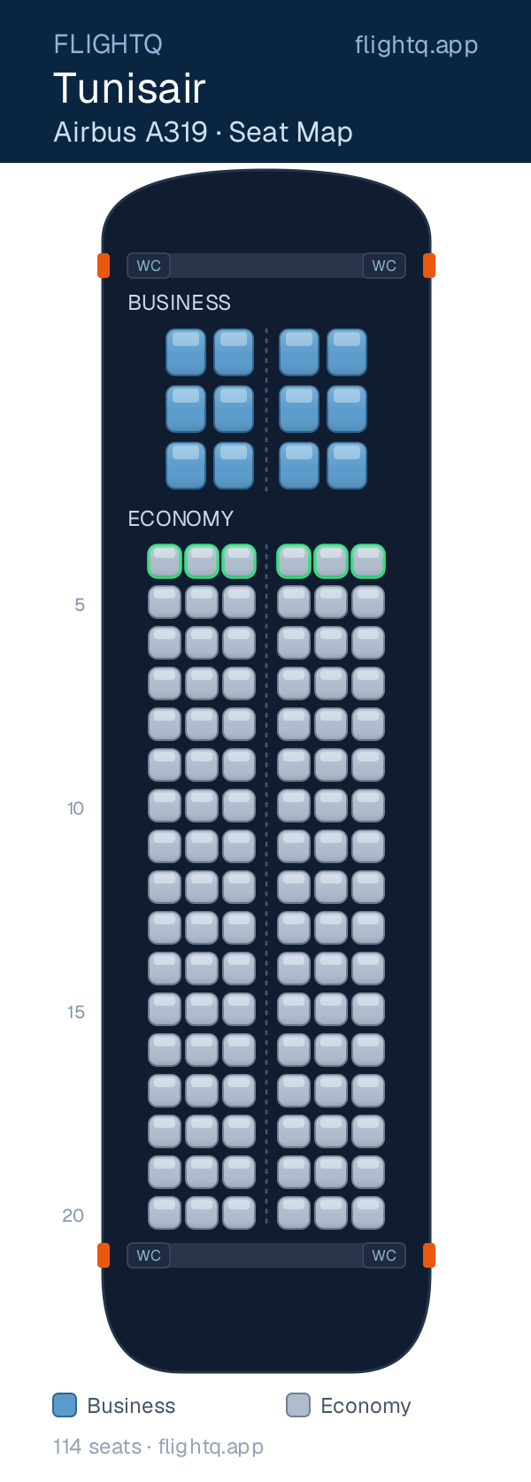 Tunisair Airbus A319 seat map with 114 seats across 2 cabins — best seats and rows to avoid