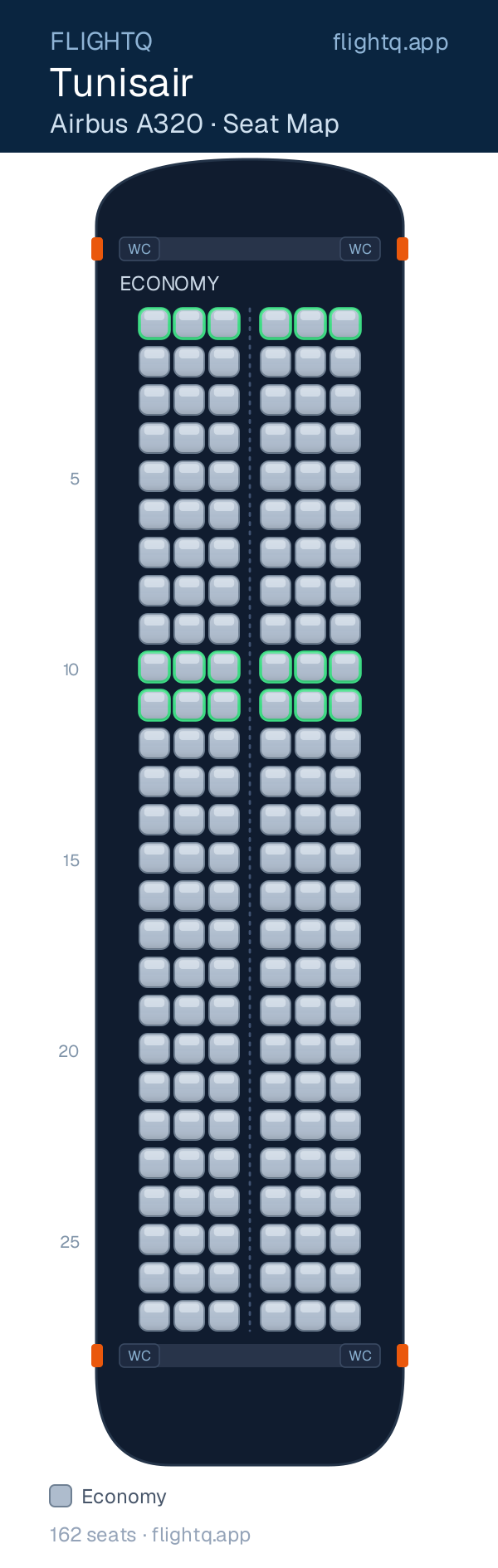 Tunisair Airbus A320 seat map with 162 seats — best-seat rows