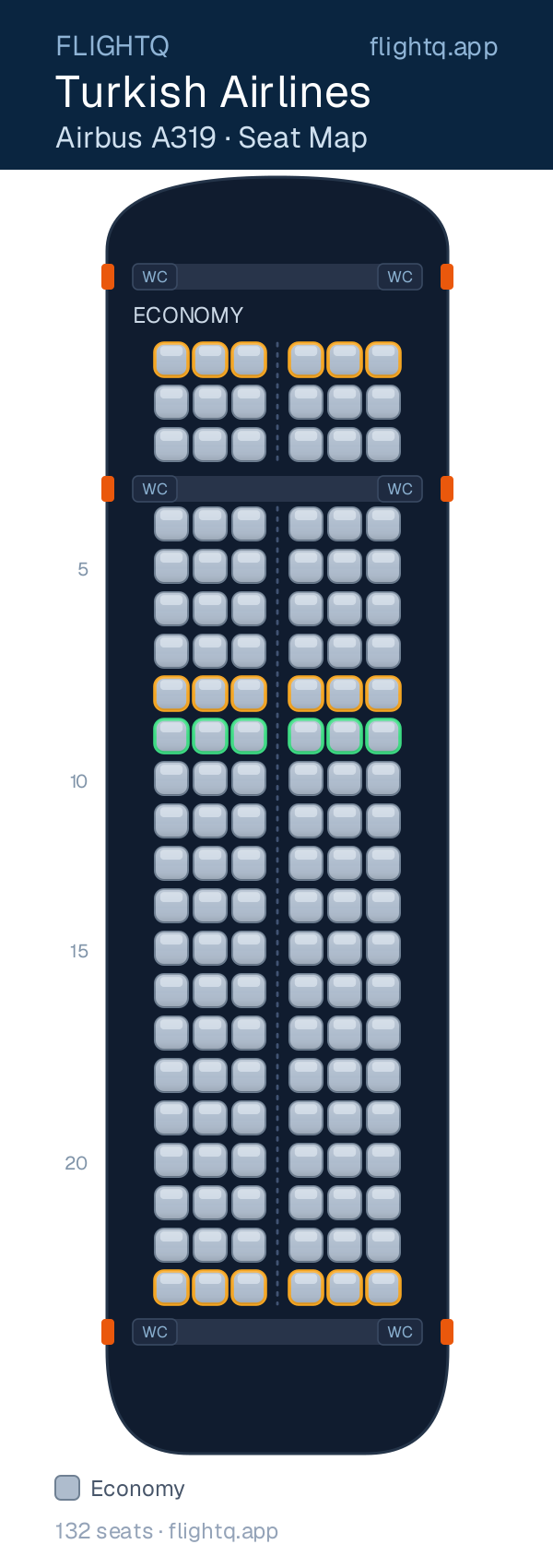 Turkish Airlines Airbus A319 seat map with 132 seats — best seats and rows to avoid