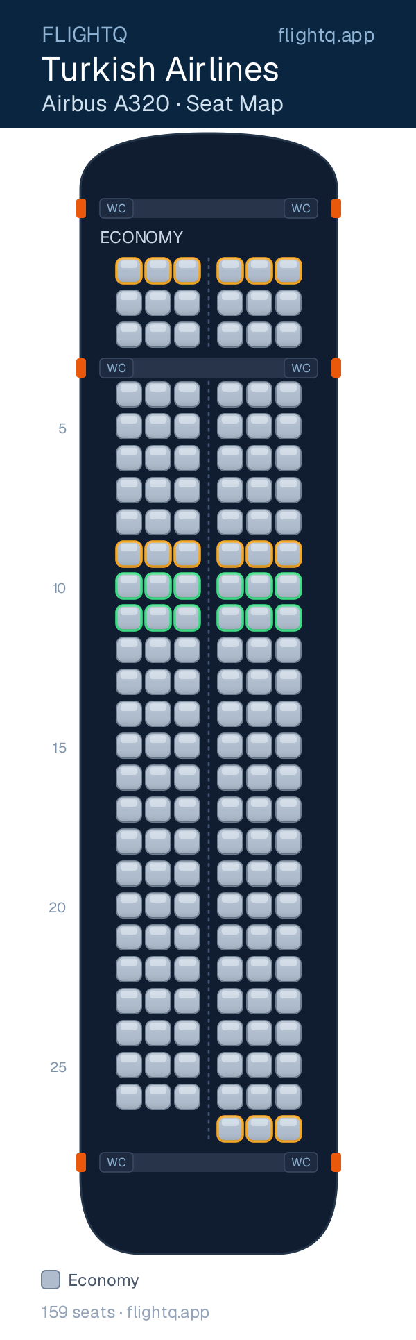 Turkish Airlines Airbus A320 seat map with 159 seats — best seats and rows to avoid