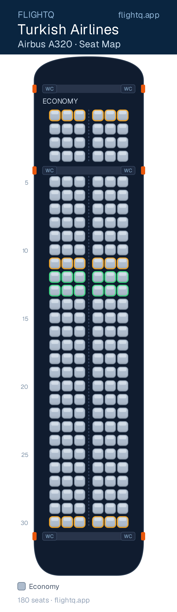 Turkish Airlines Airbus A320 seat map with 180 seats — best seats and rows to avoid