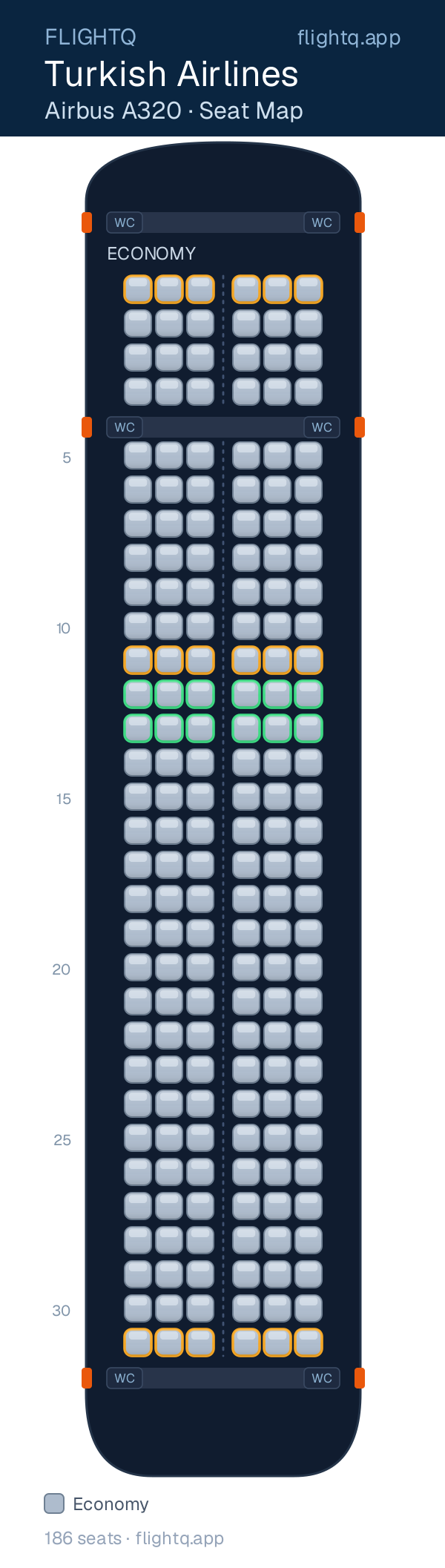 Turkish Airlines Airbus A320 seat map with 186 seats — best seats and rows to avoid