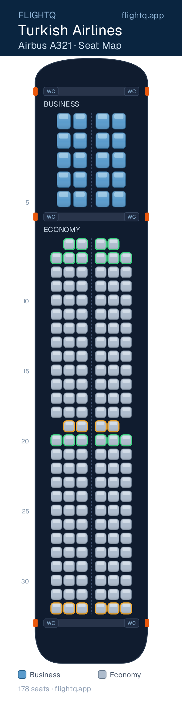 Turkish Airlines Airbus A321 seat map with 178 seats across 2 cabins — best seats and rows to avoid