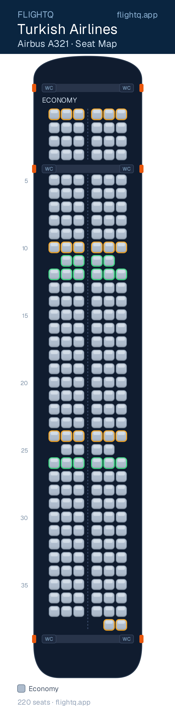 Turkish Airlines Airbus A321 seat map with 220 seats — best seats and rows to avoid