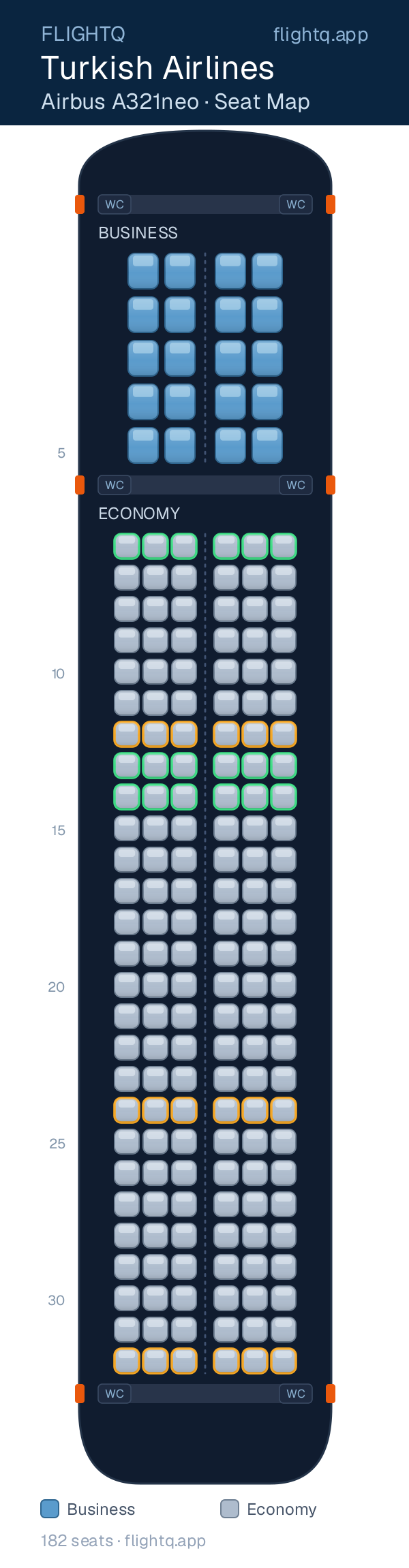 Turkish Airlines Airbus A321neo seat map with 182 seats across 2 cabins — best seats and rows to avoid
