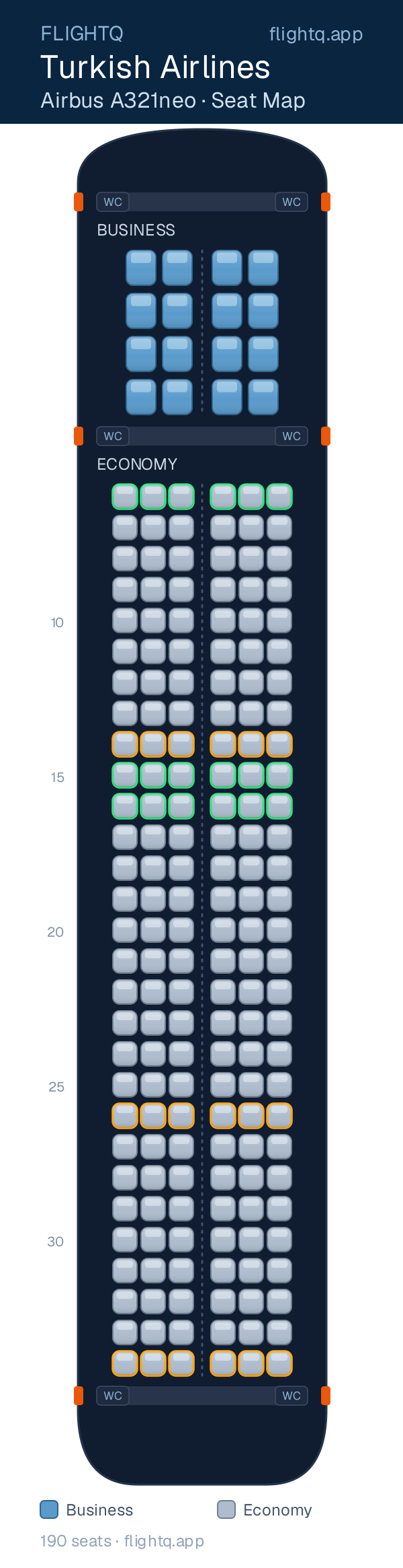 Turkish Airlines Airbus A321neo seat map with 190 seats across 2 cabins — best seats and rows to avoid